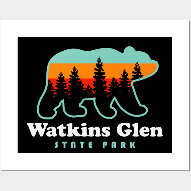 Watkins Glen State Park Hiking New York Retro Bear Wall Art by PodDesignShop